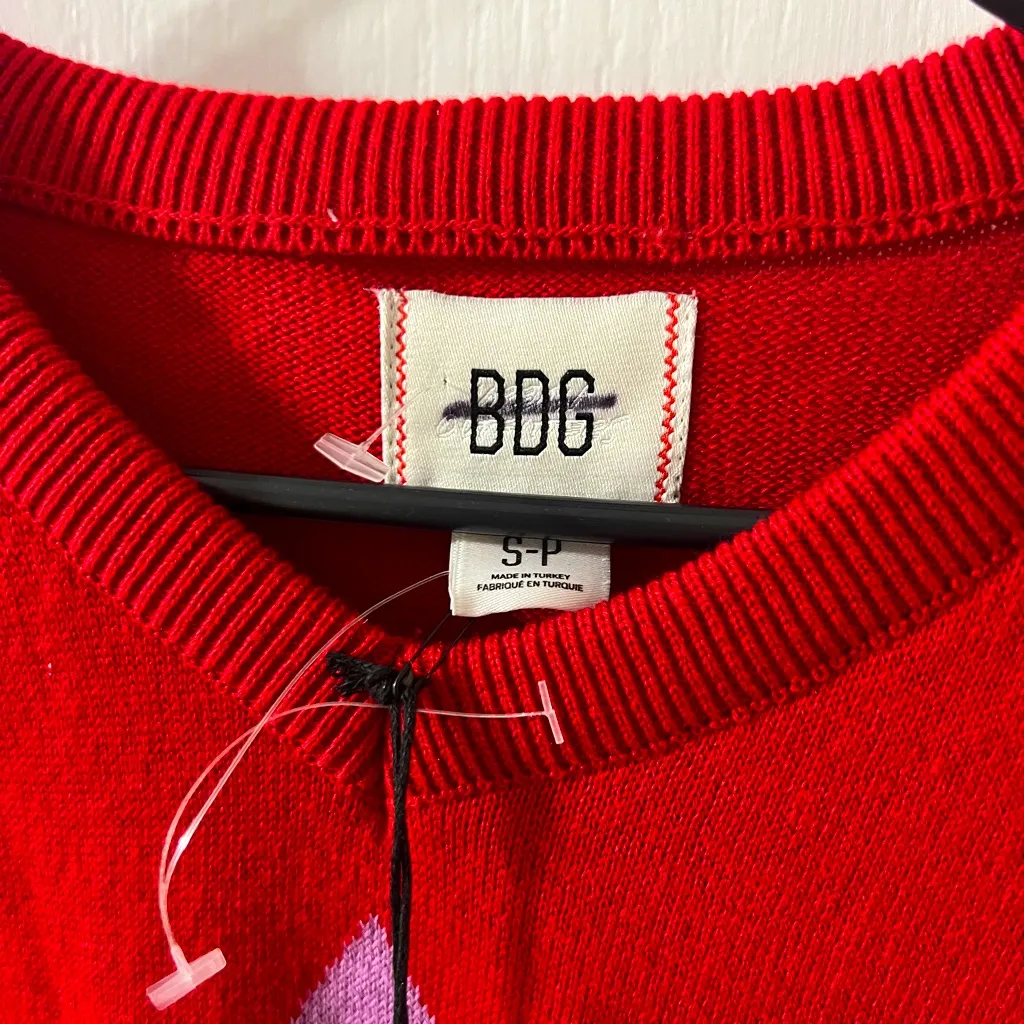 BDG Red and Purple Argyle V-Neck Sweater - Image 2