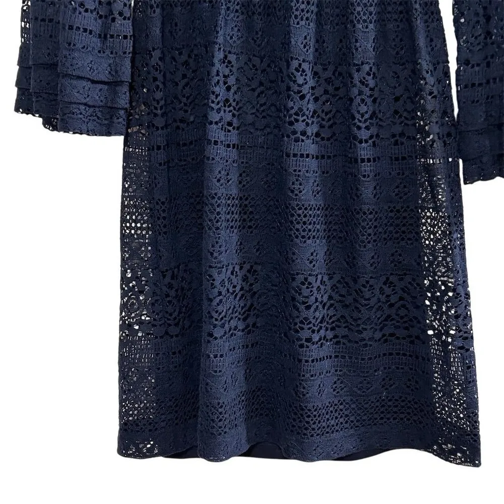 Boston Proper Women's Blue Crochet Lace Flare Sleeve Short Dress Size L - Image 11