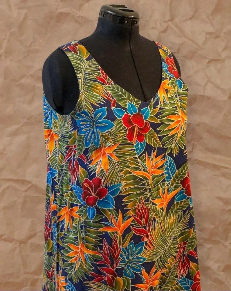 Vintage Blue Green Multicolor Hawaiian Sleeveless Midi Dress Size L - Image 3