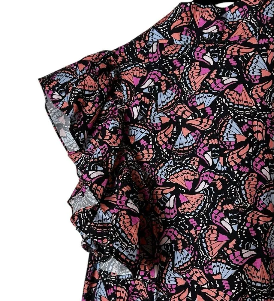 SYSS The Label Ruffle Sleeve Poplin Mini Dress Butterfly Print Boho Size Small Pink - Image 8
