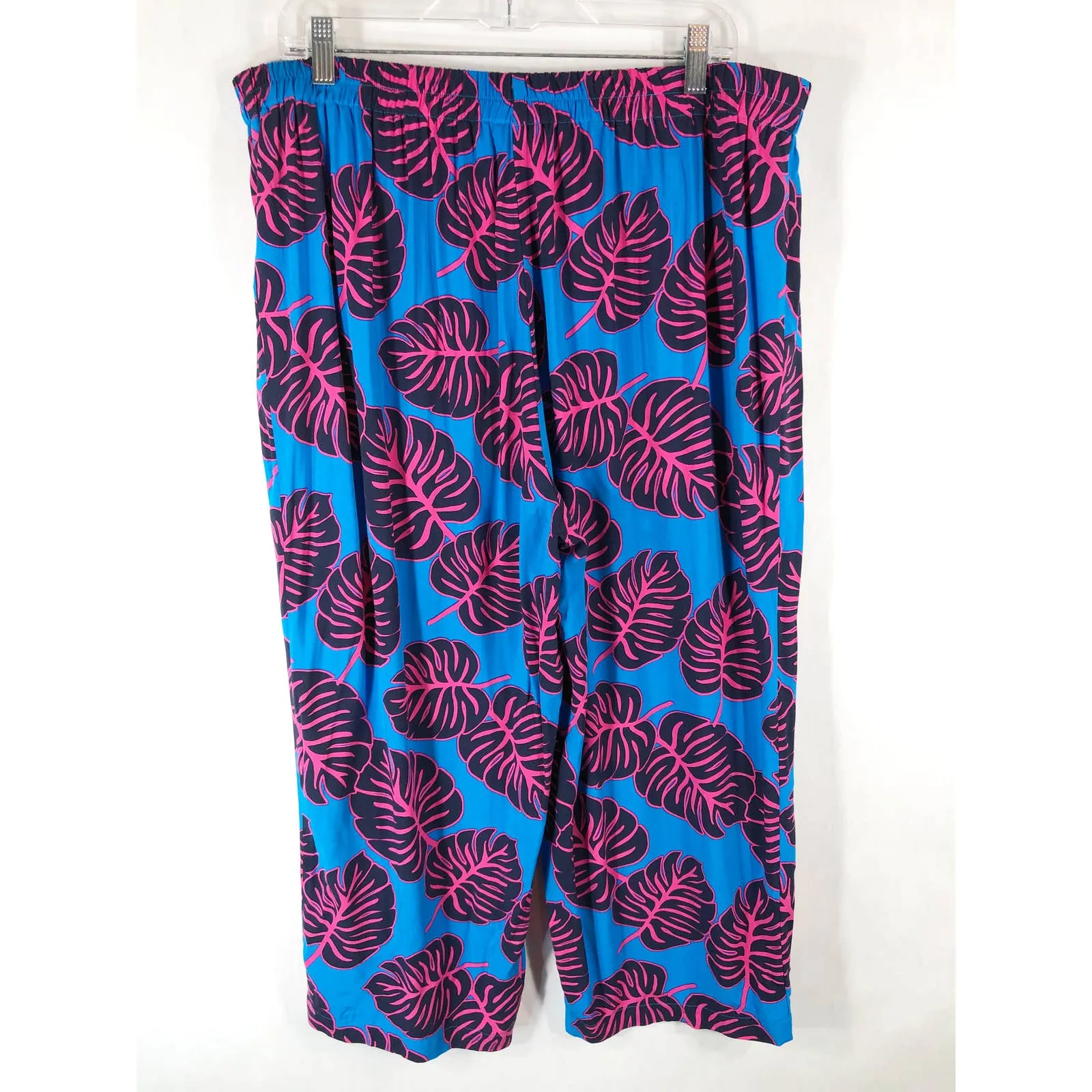 Crown Ivy Plus Size 1X Capri Pants Blue Pink Monstera‎ Leaves Floral Elastic 477 - Image 2