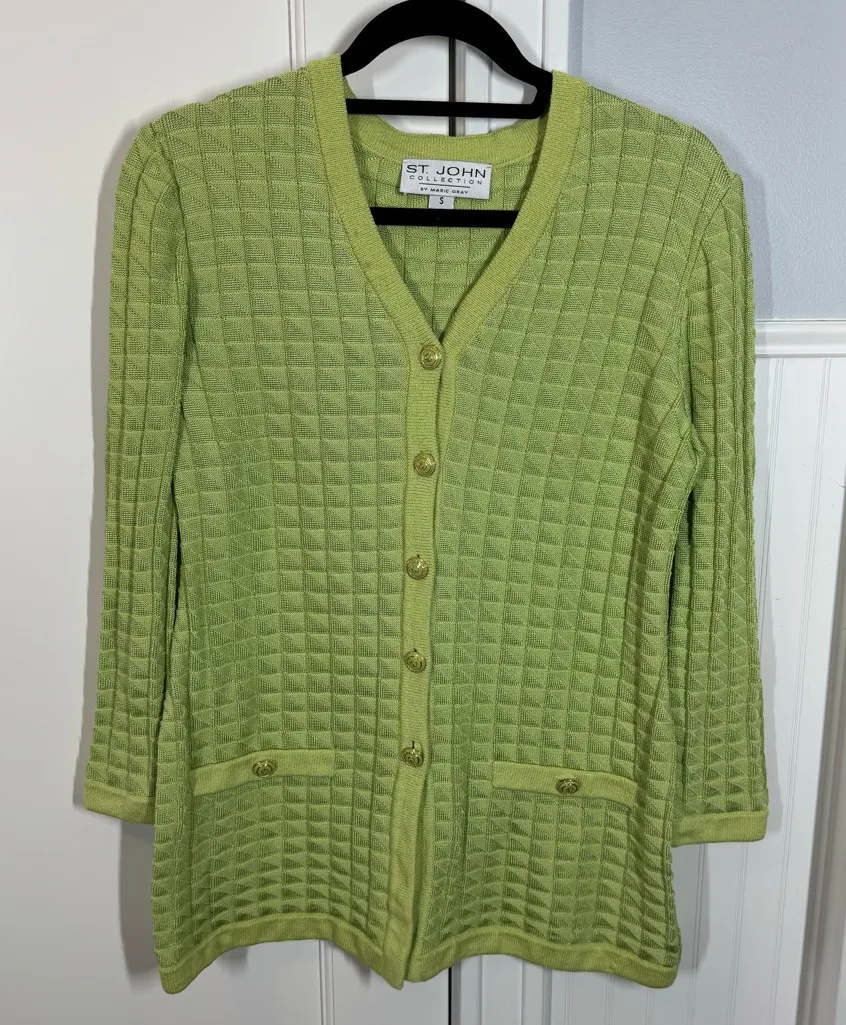 St. John Collection Marie Lime Green Button Front Sweater Cardigan Size Small - Image 1