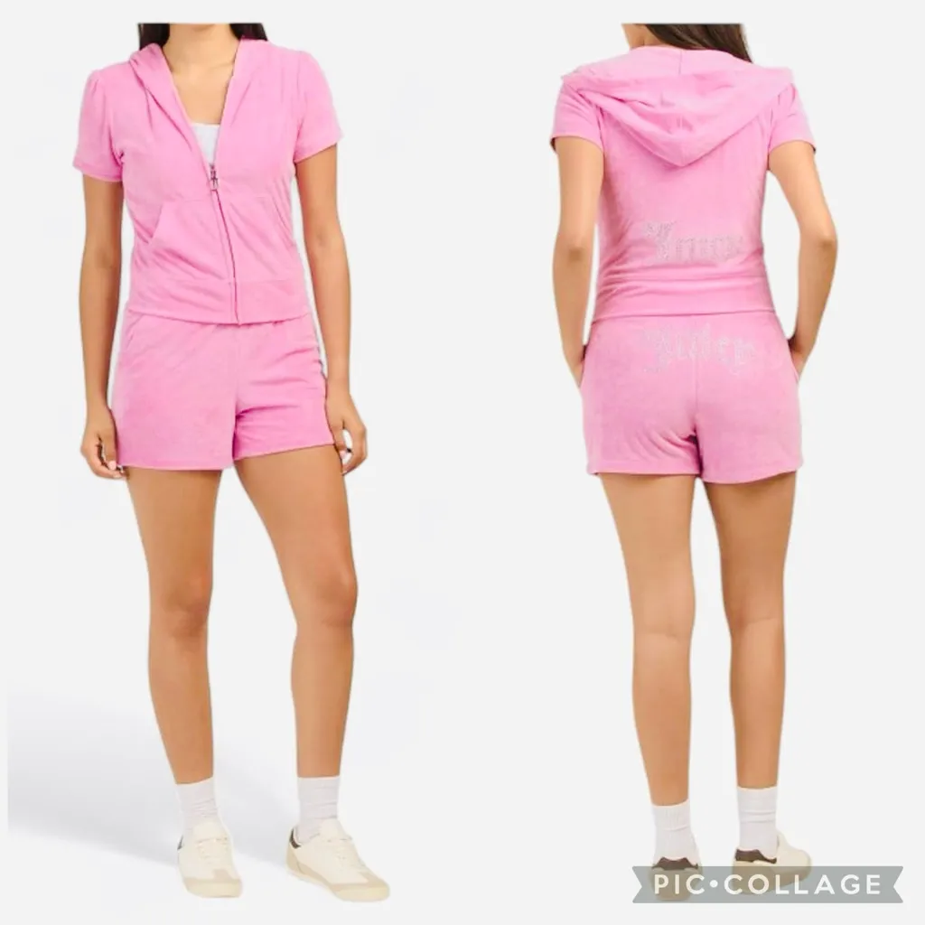 Juicy Couture Bling Terry‎ Shortie Set Hoodie & Shorts - Size L - Flamingo - NWT - Image 2