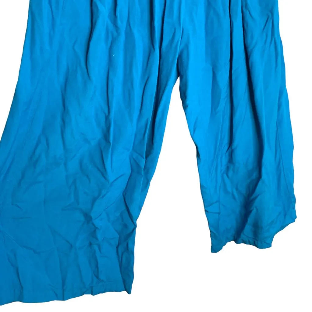 Vintage 90s Culottes Wide Leg Cropped Pants M Blue Elastic Waist Pleated Pockets Size M - Image 3