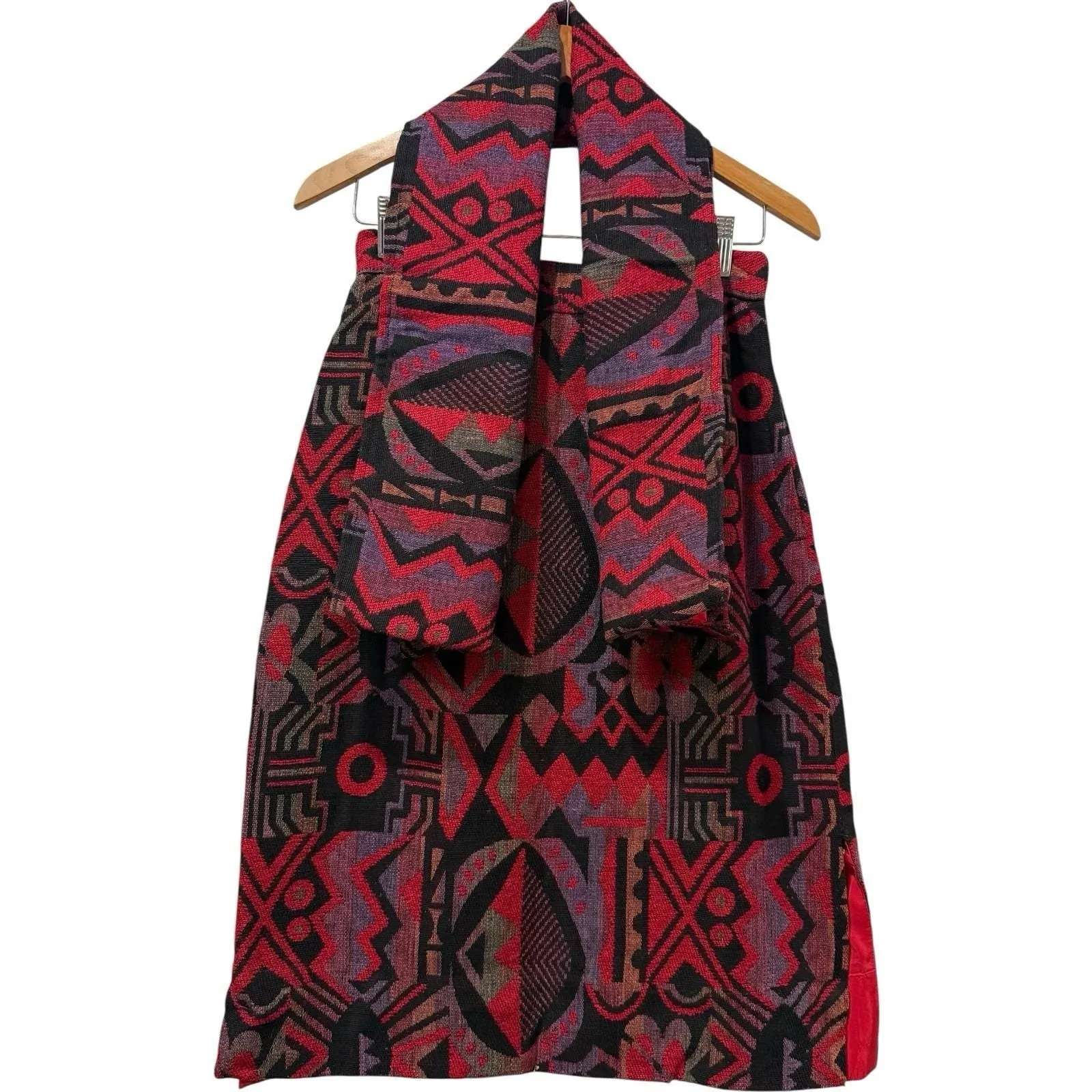 Vintage 70s/80s Susan Thomas Boho Geometric Tapestry Red Wool Lined Skirt Sz 10 - Image 2
