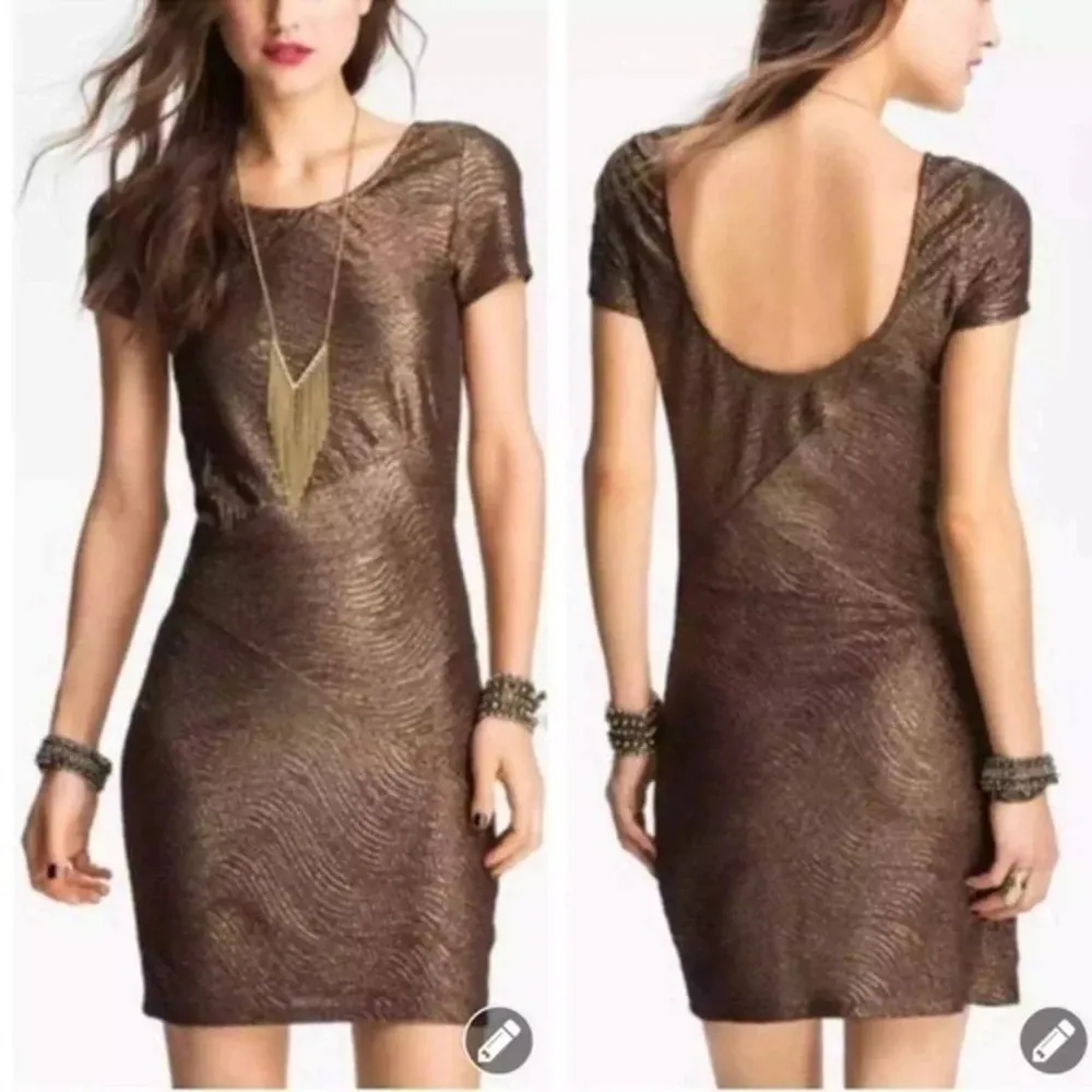 Free People Moonage Daydream Golden Brown Shimmer Metallic Bodycon Dress Size XS - Image 7