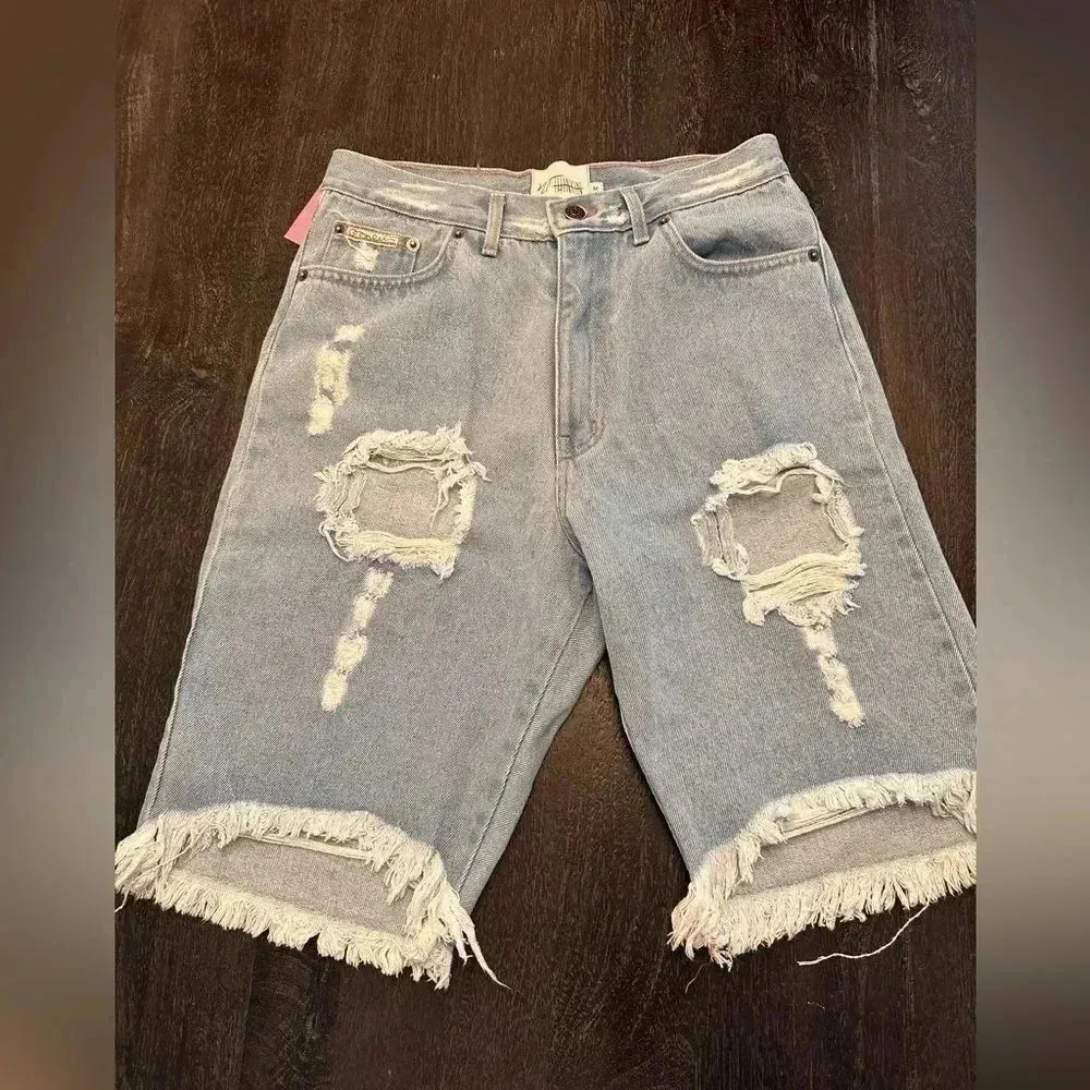 Light Blue Jeans Bermuda‎ Shorts Distressed High Waisted Size M /28 - Image 3