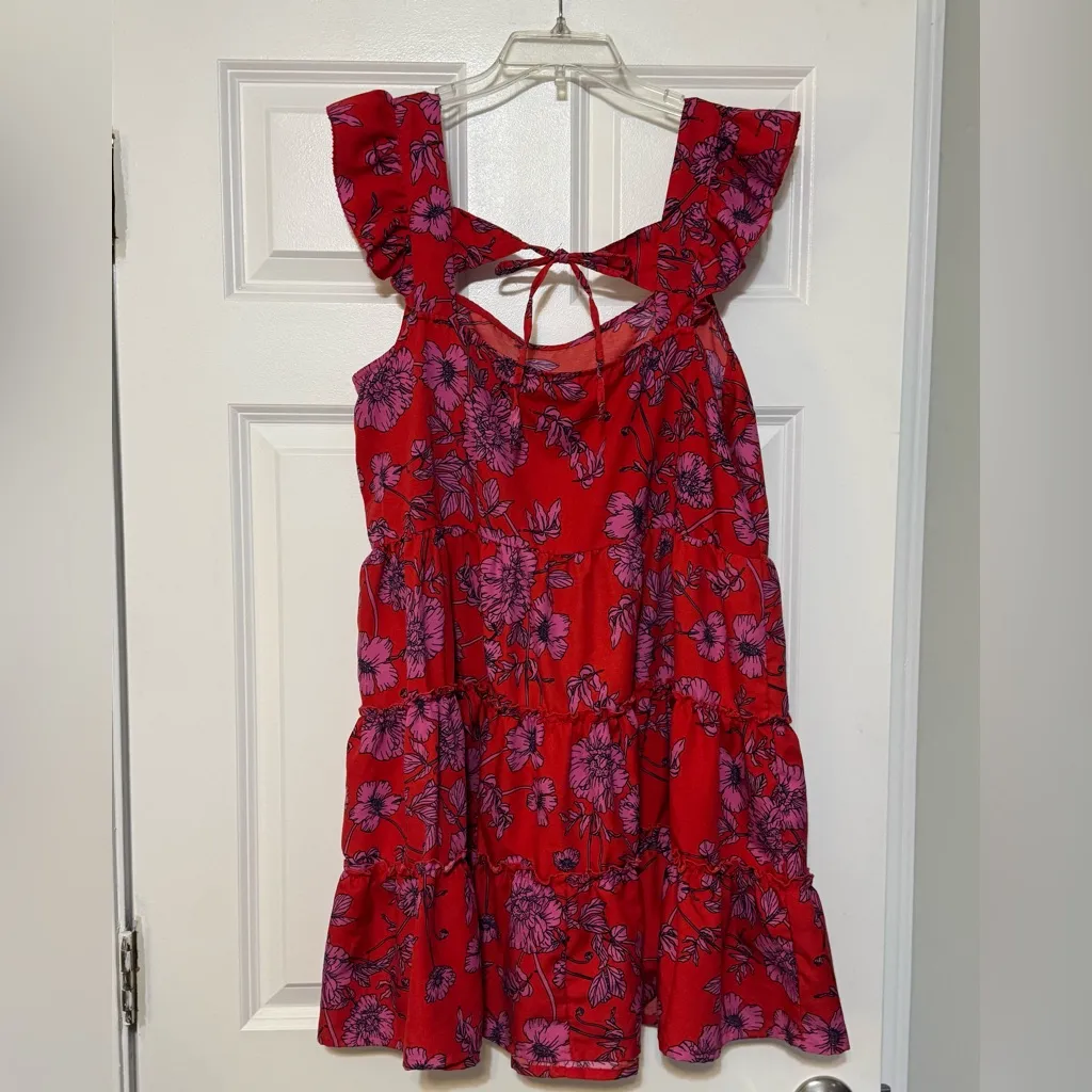 Band of Gypsies B.O.G. Collective Red & Pink Floral Flutter Sleeve Tie Dress XL - Image 3