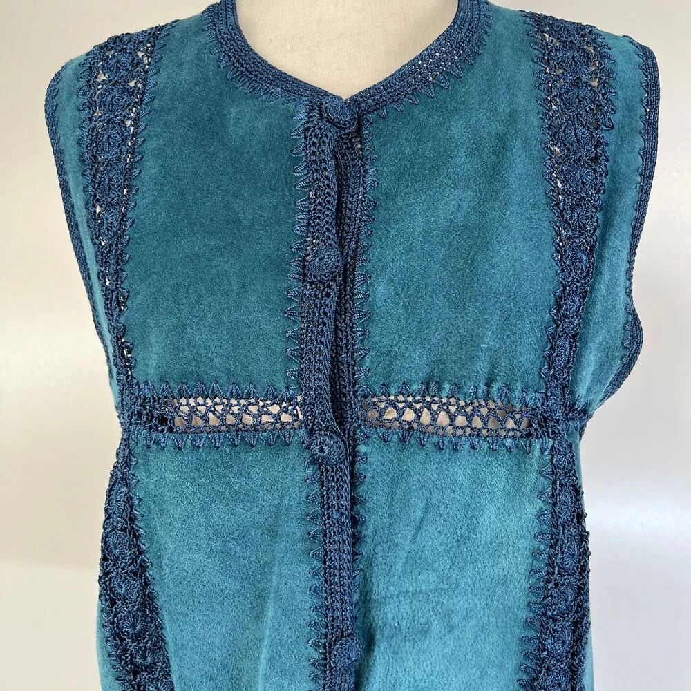 Vintage Crochet Leather Patchwork Vest Scully's Teal Waistcoat Boho Blue Size L - Image 4