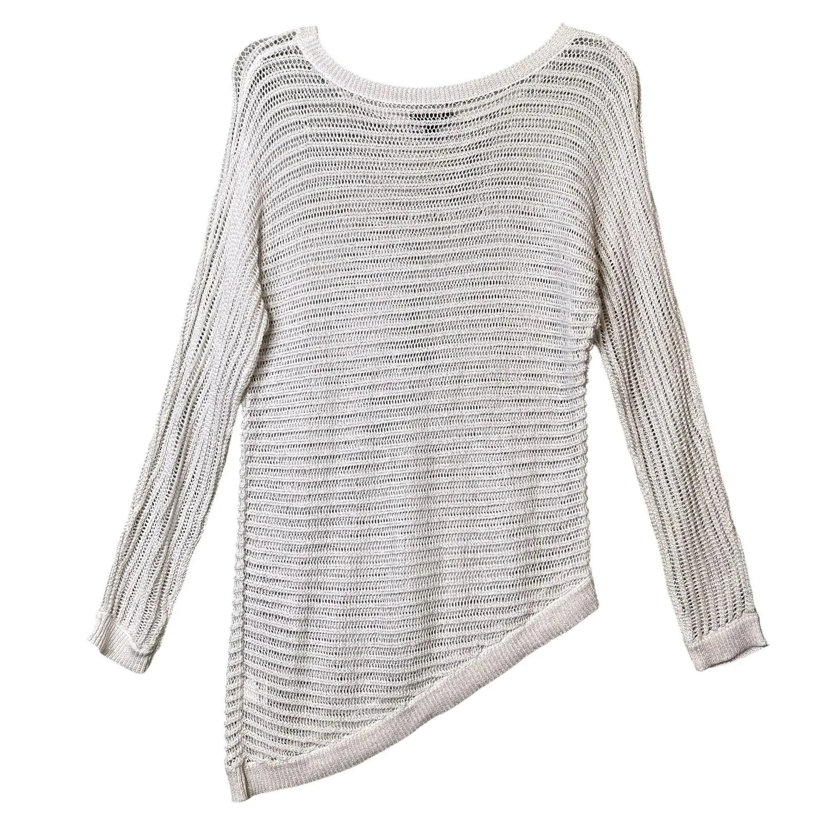 APT. 9 Sweater Womens Small Ivory Asymmetrical Hem Open Knit Tunic Top Metallic - Image 3