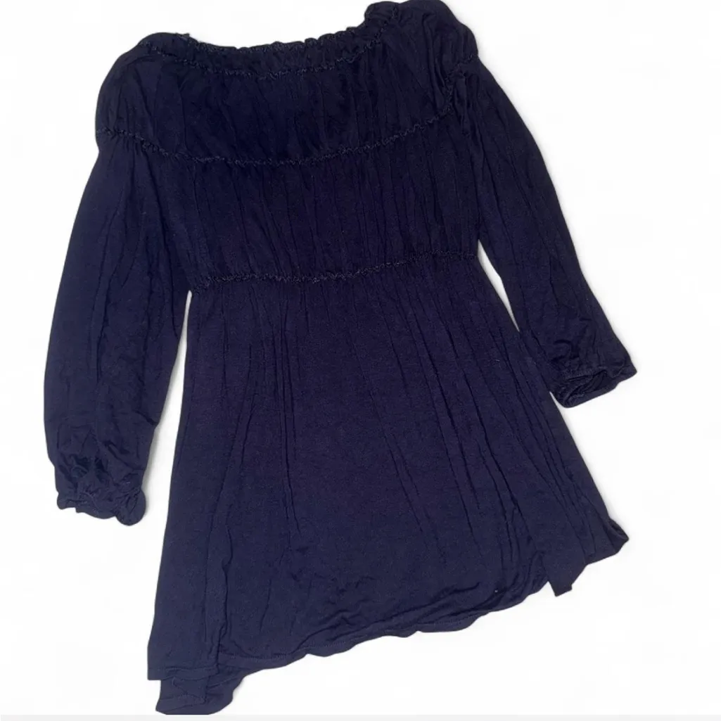 Max Studio Navy Gathered Tunic Top • Long Sleeve Flowy Boho Blouse - Image 2