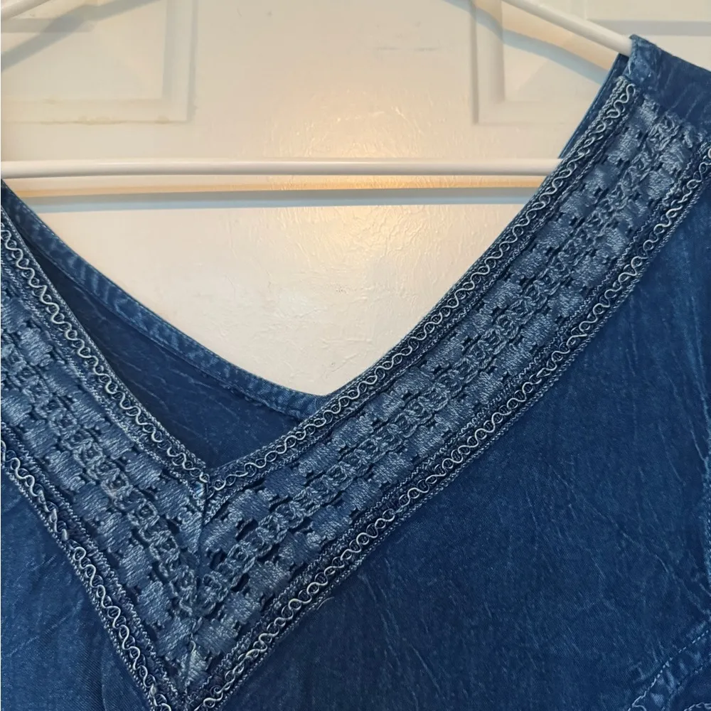 3X Option A Blue Denim Like Embroidered V neck Dress - Image 4
