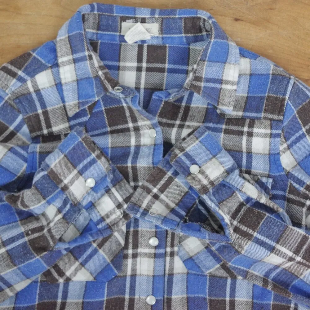 Ladies' Snap Button Western Plaid Flannel Shirt Small Blue - Image 2