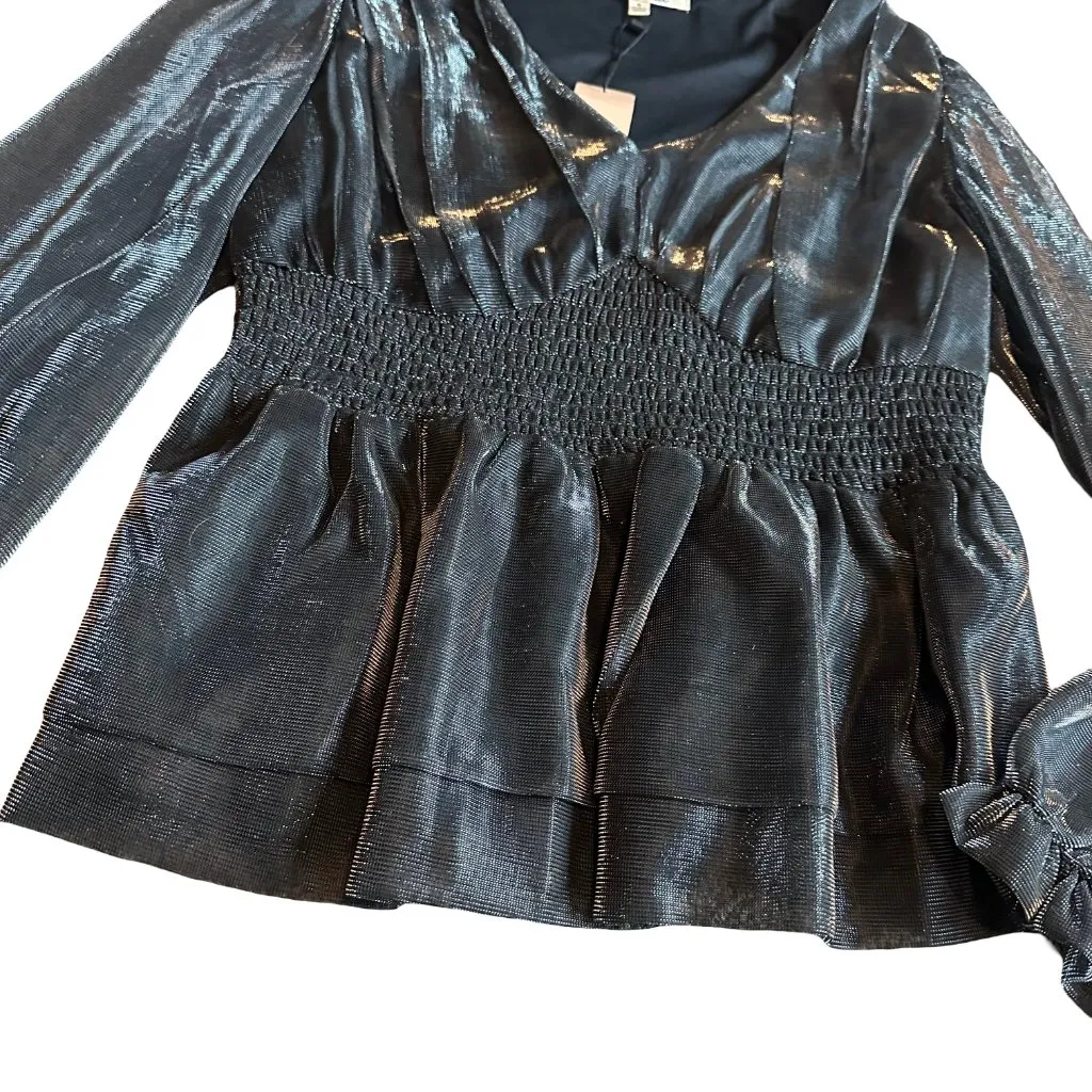 Le Serein Calais Smocked Mesh Long Sleeve Top Shirt Blouse Metallic Small NWT Gray - Image 8