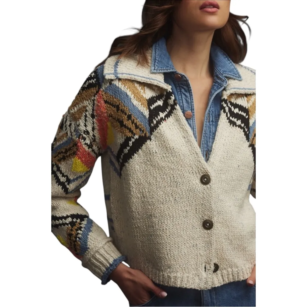 Anthropologie PILCRO Collared Cropped Cardigan Thick Southwestern Knit Sweater M - Image 2