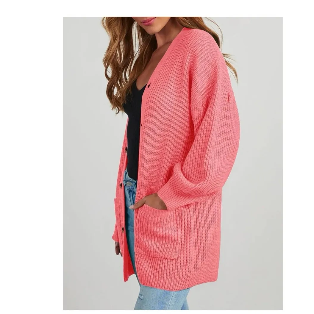 Womens Cardigan Sweater Oversized Chunky Knit Long Front Button with Pockets Pink - Image 4