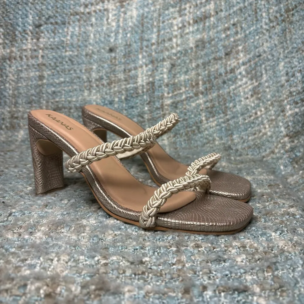 KAANAS Ariana Braided Heeled Sandals in Champagne Croc - Image 7