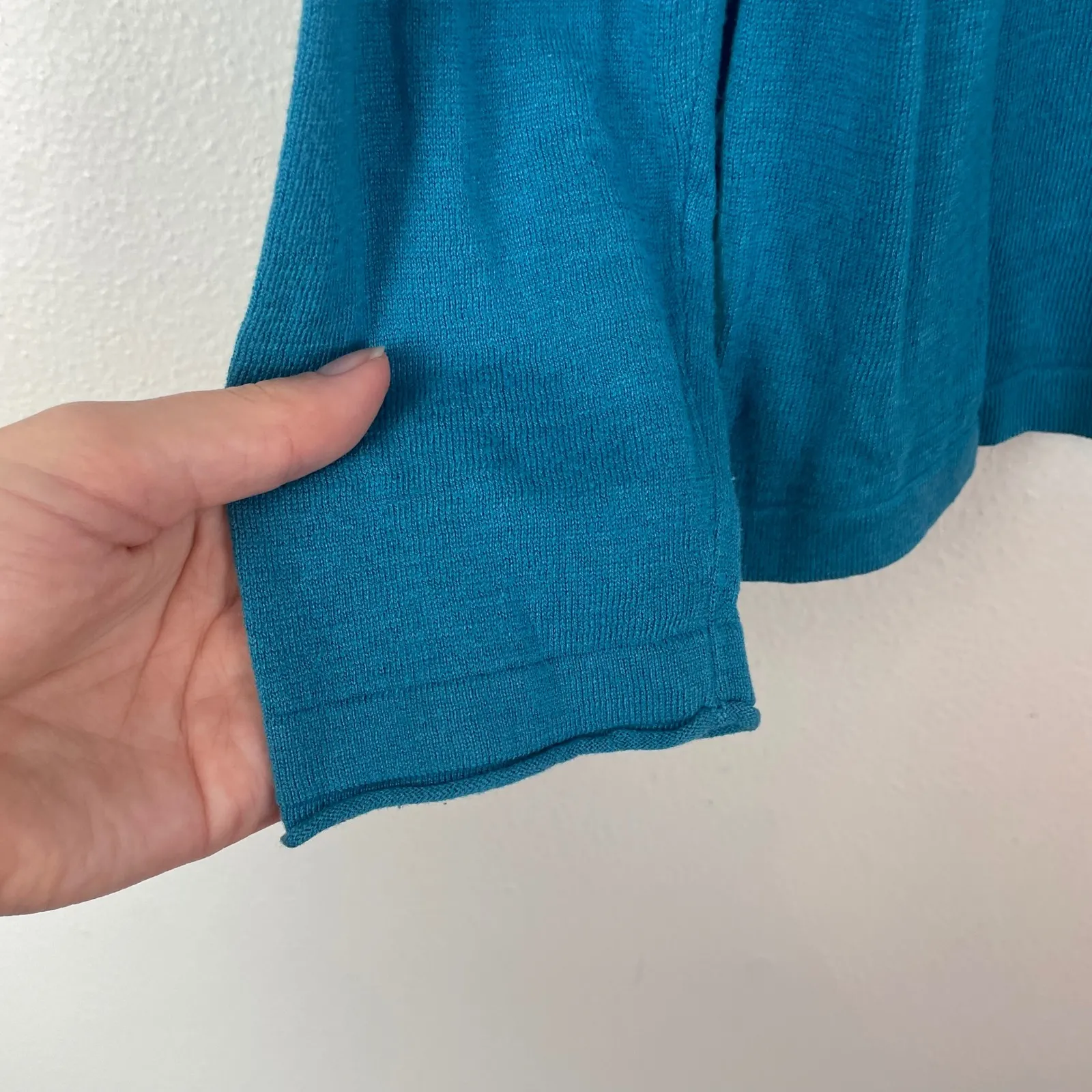 J.Jill‎ L Petite L Silk Cotton Teal Blue V-Neck Long Sleeve Knit Top Relaxed Fit - Image 5