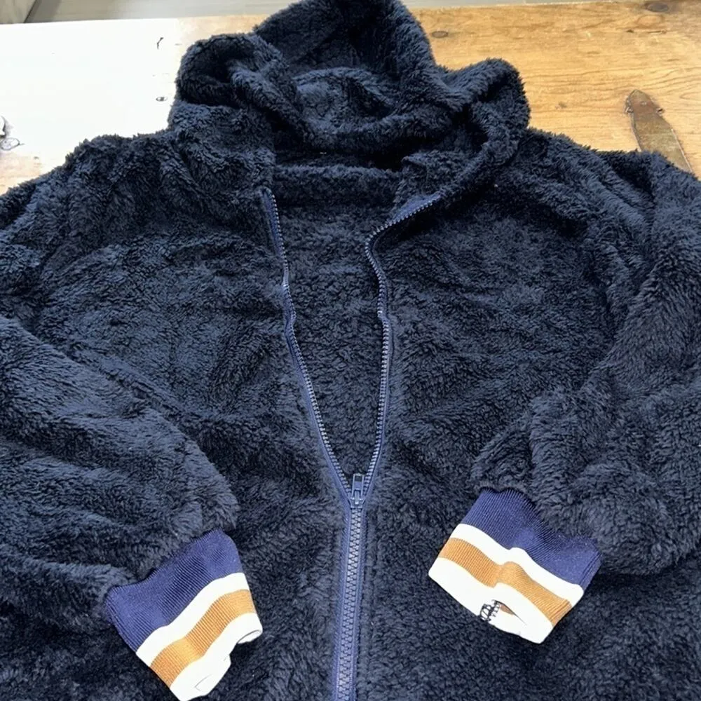 Women's Winter Fashion Warm Teddy Striped Zip Up Hooded Coat Sweatshirt Large Blue - Image 6