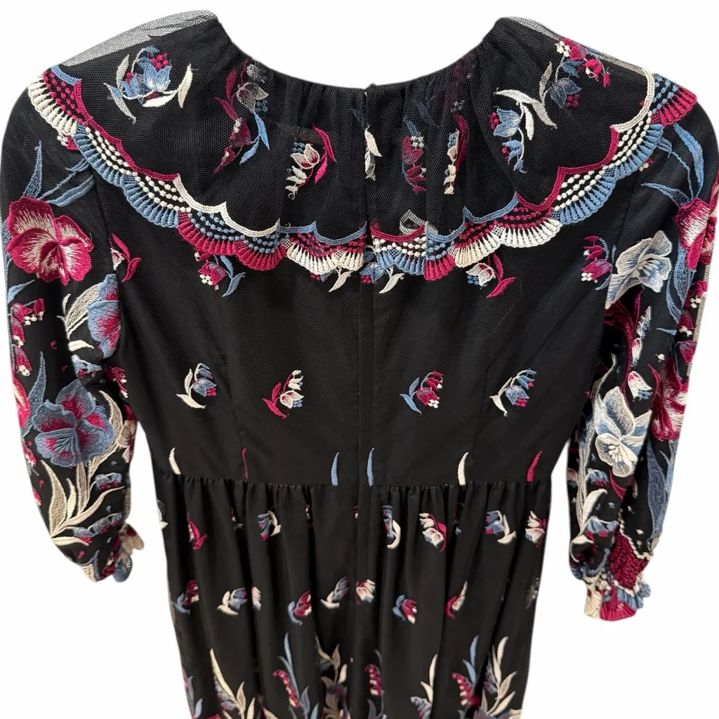 Vintage Embroidered Floral Maxi Dress Sheer Mesh Prairie Folk Cottagecore Black - Image 3
