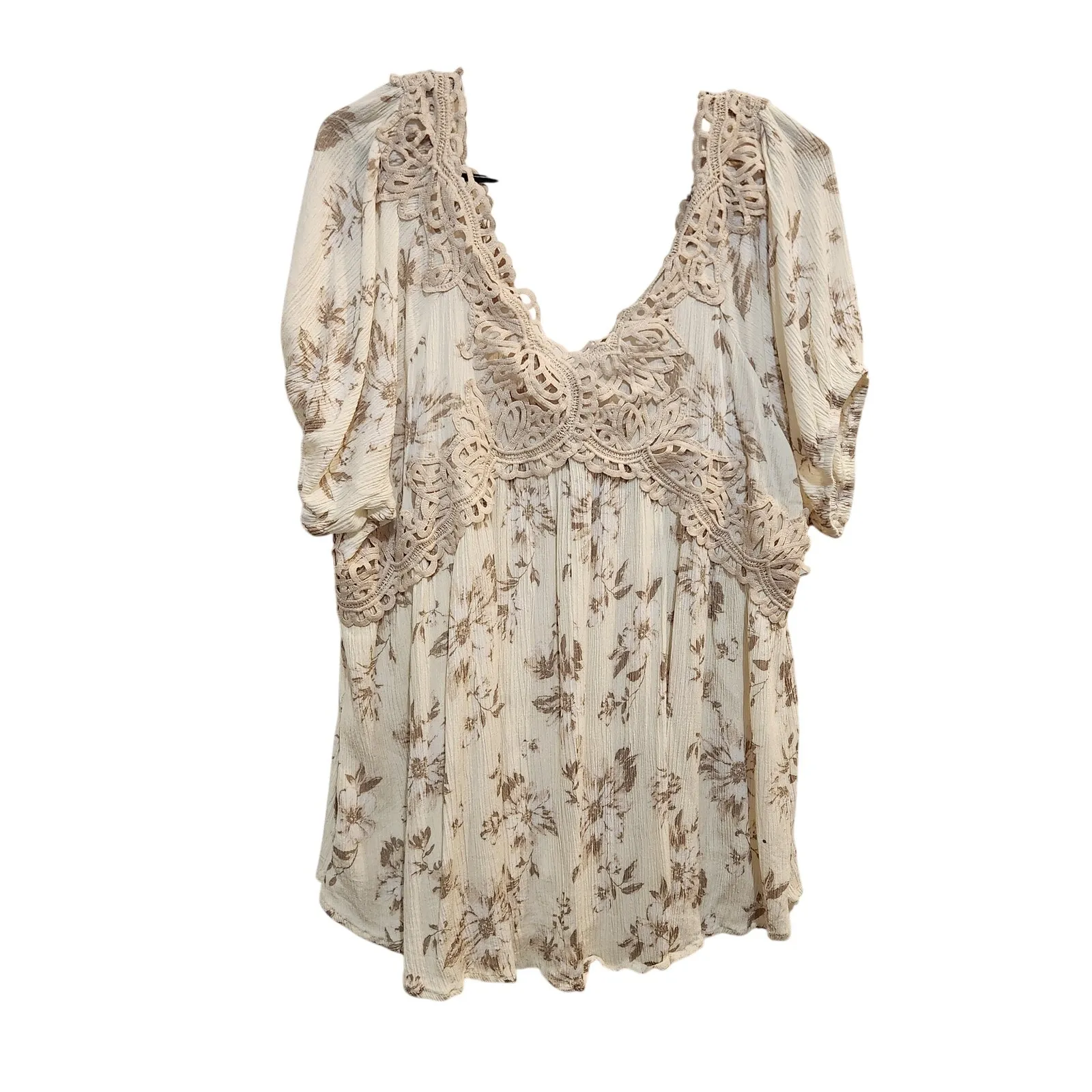 Oddi White Cream Short Sleeve Crochet Lace Hi-Low Boho Floral Tunic Blouse 2XL - Image 2