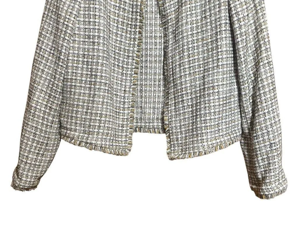 Calvin Klein Jacket Women 6 Multicolor Tweed Plaid Wool Blend Fringe Open Jacket - Image 4