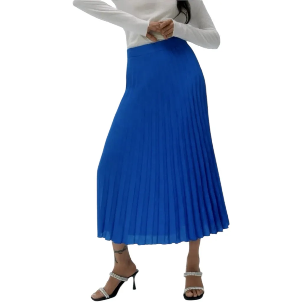 Zara NEW Blue Pleated Midi Skirt High Waist Flowy A Line Skirt Cottagecore Small - Image 2