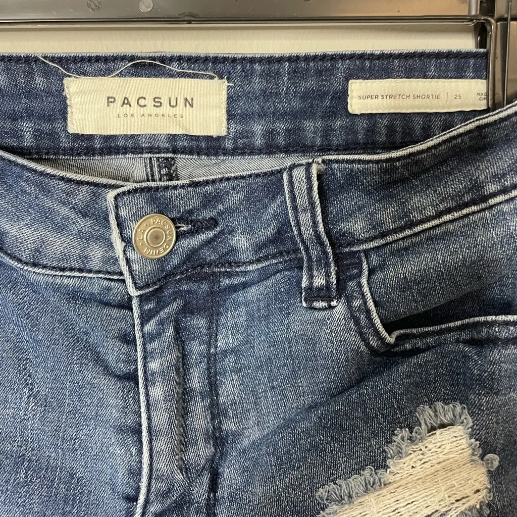 PacSun Super Stretch Shortie Sz 25 cut off Blue Distressed Jean Shorts excellent - Image 6