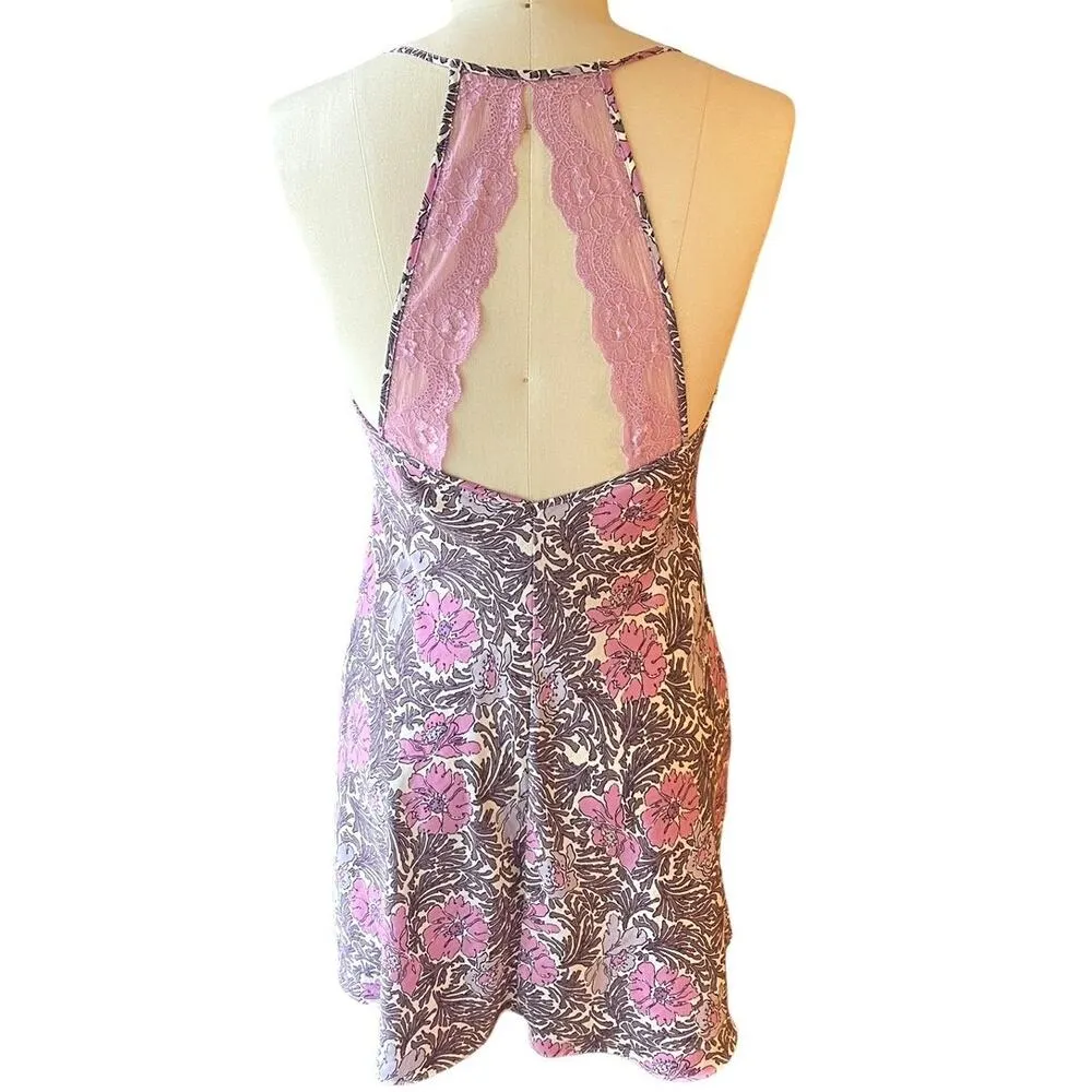 GILLIGAN & OMALLEY Pink & Brown Floral Chemise Nightgown Open Lace Back ~ M Size M - Image 2