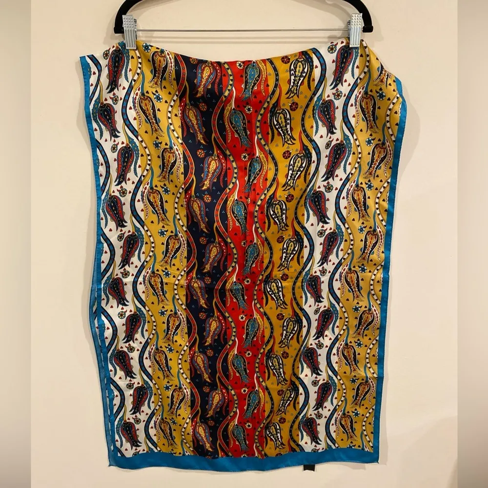 Bursa Silk Valley Turkey Floral Print Silk Scarf 64" x 22” Blue, Red, Gold Yellow - Image 3