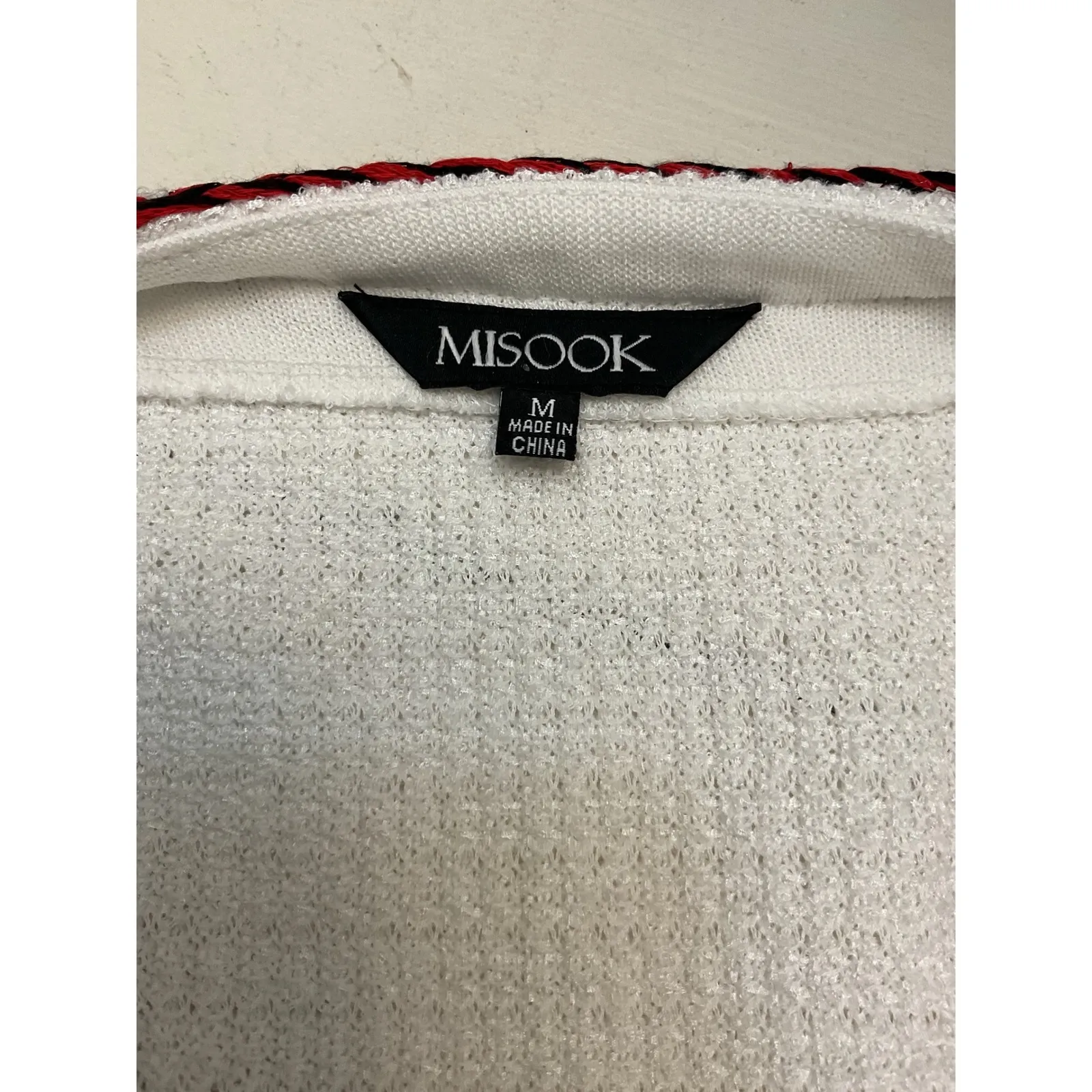 MISOOK White Textured Open Front Cardigan Jacket Womens Size M Red Trim Pockets - Image 6