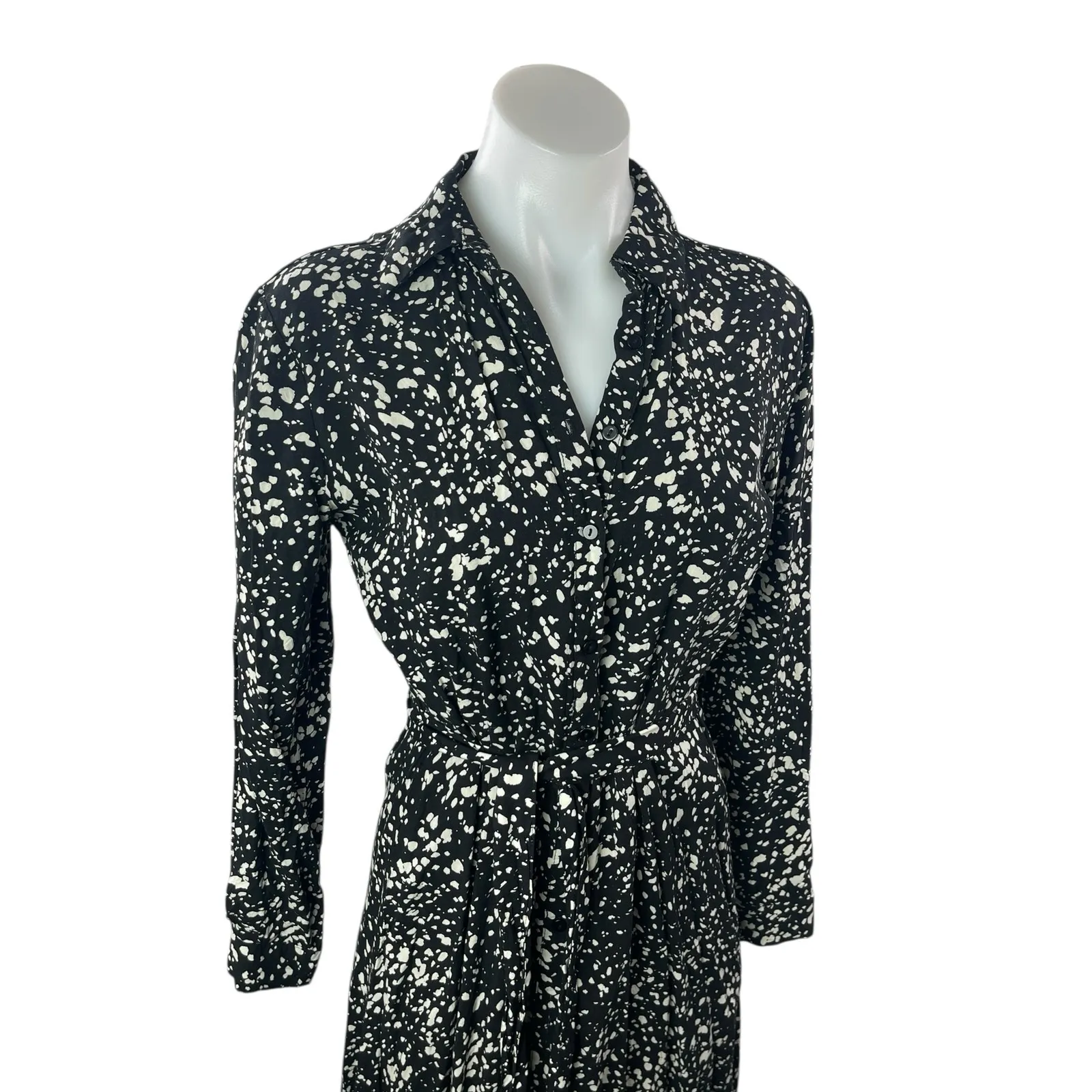 Stradivarius Black White Long Sleeve Speckled Dot V Neck A Line Midi Dress Sz S - Image 3