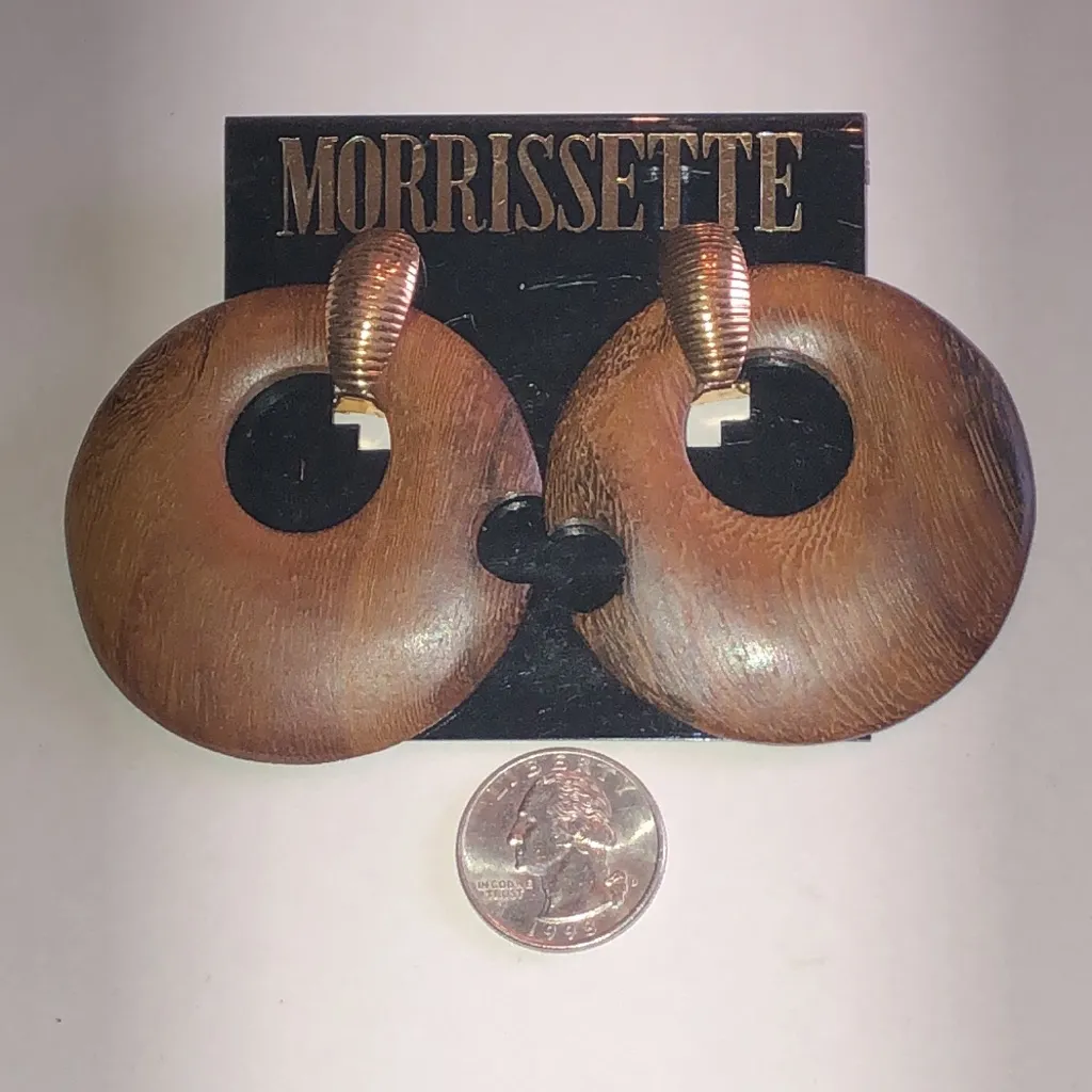 Morrissette Huge Vintage Gold Tone Brown Wooden Retro Boho Hoop Earrings - Image 3