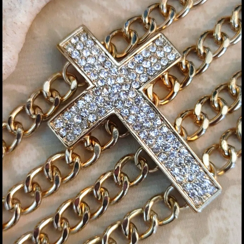 Gold Multi Chain Bracelet w/ Crystal Cross - Image 3