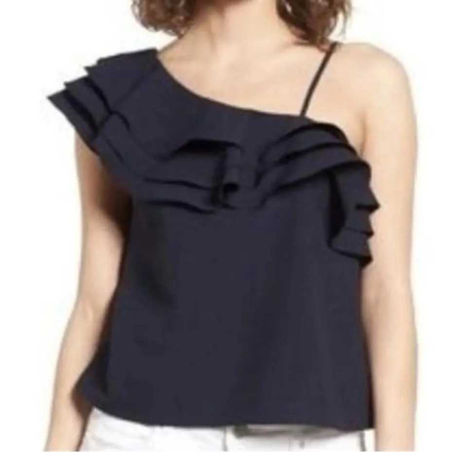 J.O.A. Navy Ruffle One-Shoulder Blouse medium - Image 2