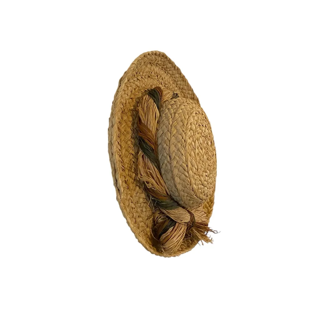 Vintage Tan Straw Hat Multicolor Band straw bow cottagecore gardening sun hat - Image 3