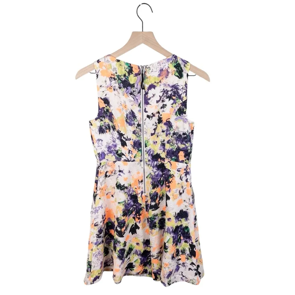 Maeve Anthropologie Neon Floral Printed Fit and Flare Dress Pebble Texture 4P - Image 2