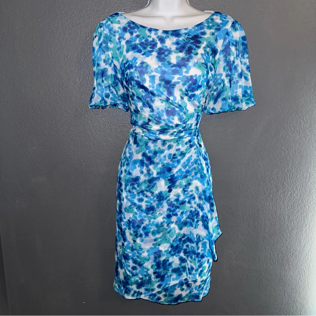 DKNY New w Tags Blue Floral Short Sleeve Spring Easter Dress Womens Large 12 - Image 4