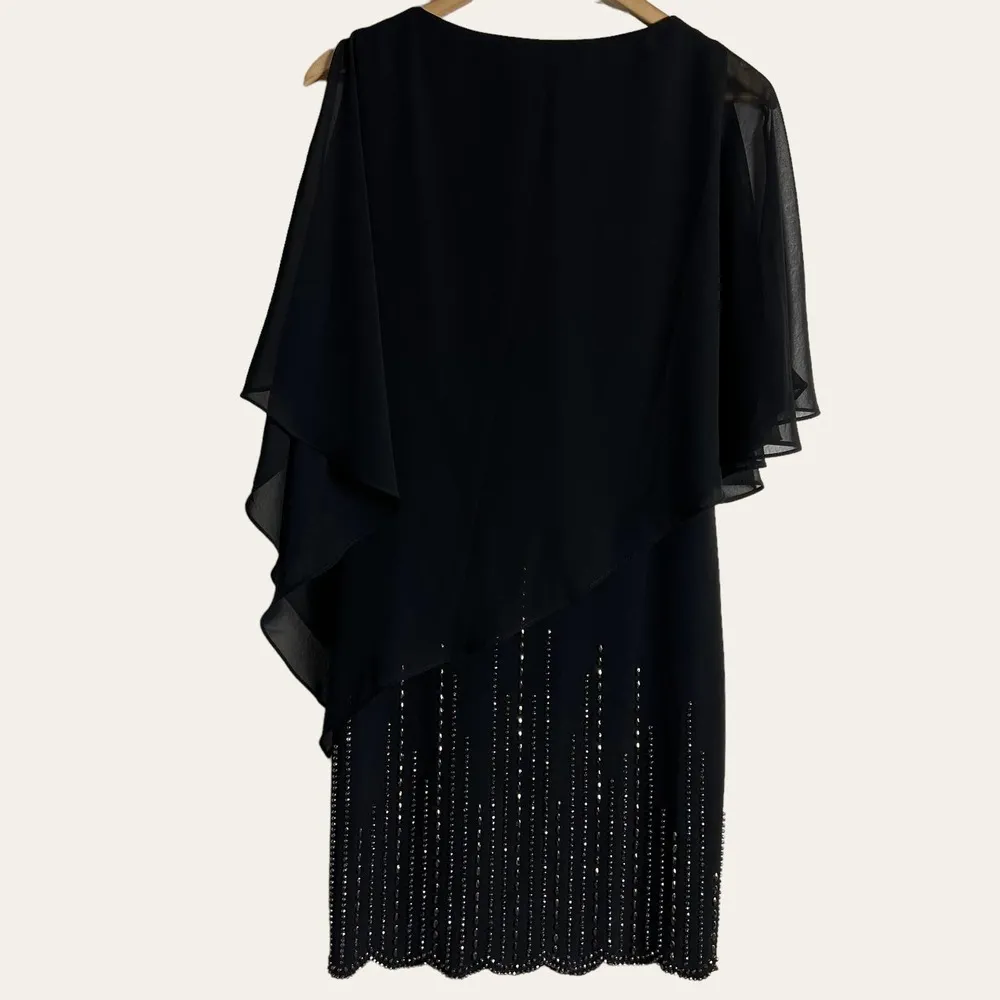 Xscape Black Beaded Chiffon Cape Evening Sheath Dress Size 4 - Image 10