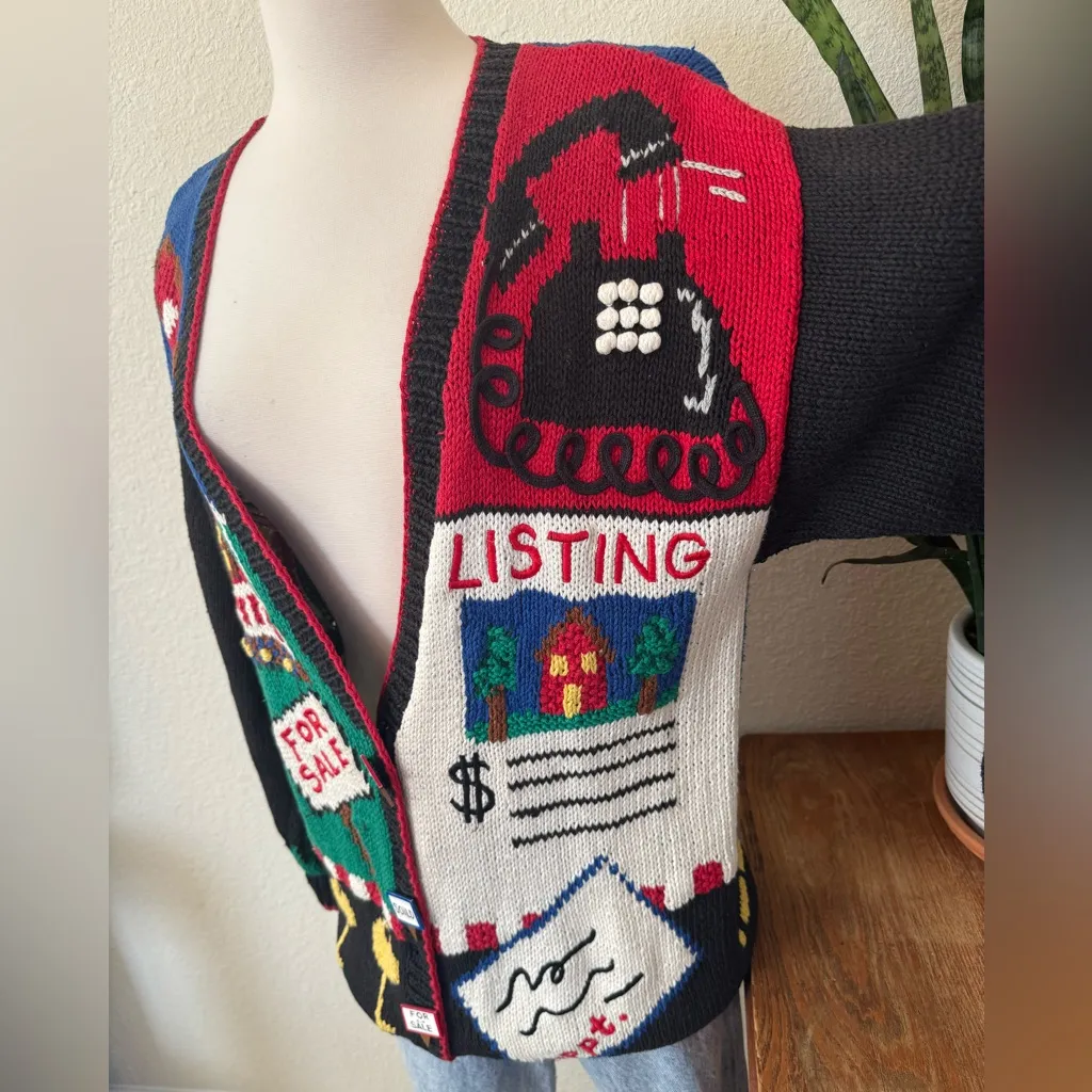 Vintage Belle Pointe Realtor Novelty Cardigan Sweater Ramie Cotton‎ Knit small Blue - Image 6