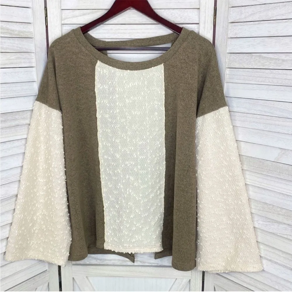 POL‎ Open Tie Back Sweater Bell Sleeve Color Block Brown Cream Large - Image 8