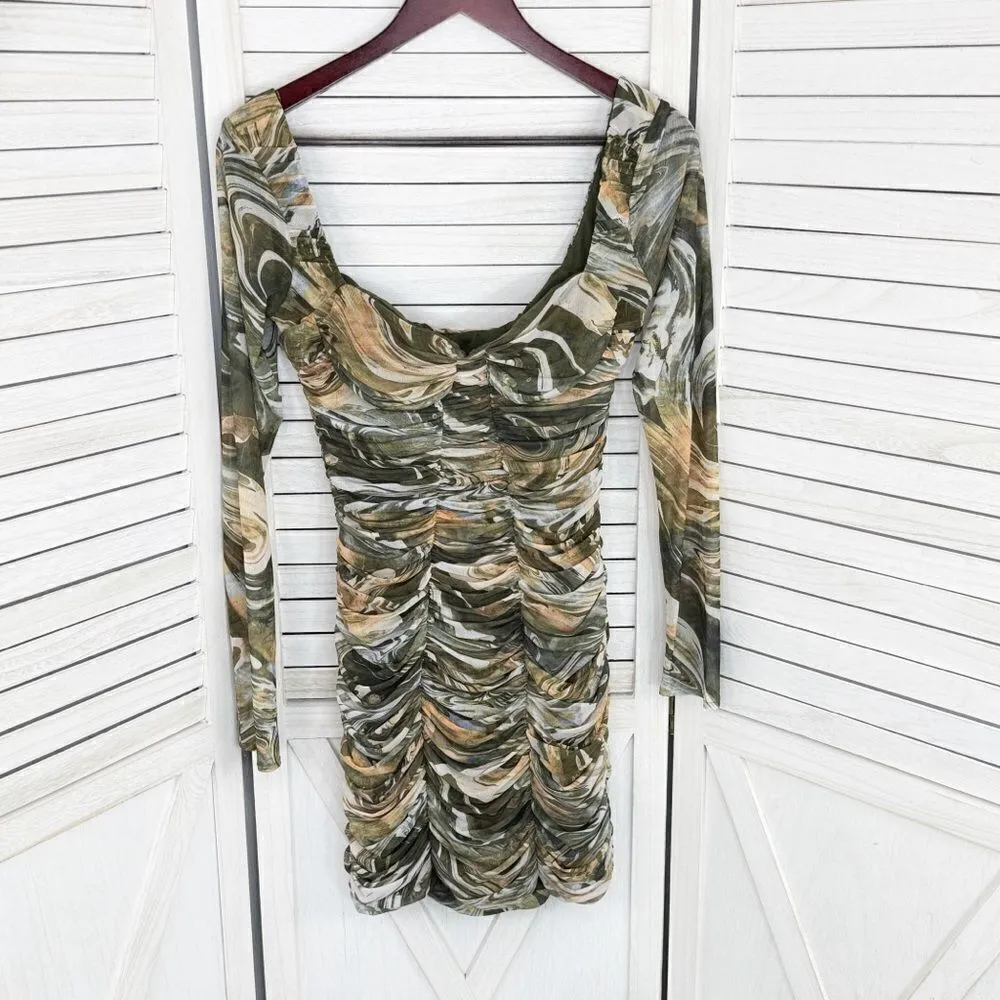Zara Sheath Dress Marbled Ruched Draped Tulle Mini Khaki Green Orange Small - Image 11