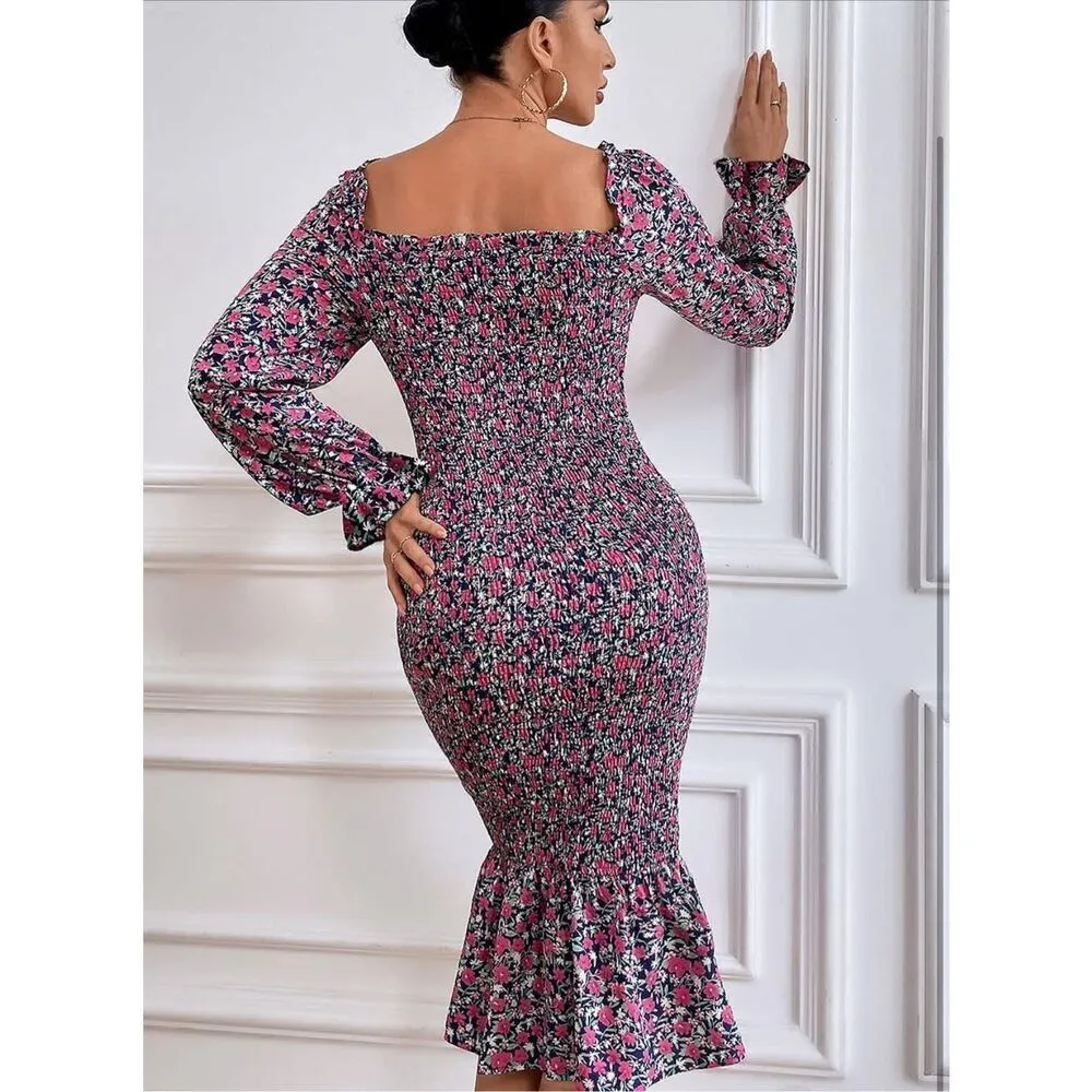 NEW PRETTYGARDEN Square Neck Ruffle Mermaid Smocked Dress M - Image 4