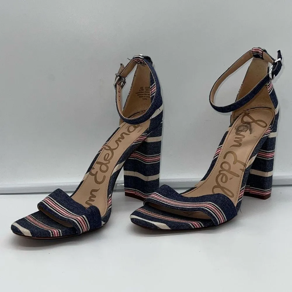 Sam‎ Edelman Yaro Denim Striped Strappy Chunky Heel Sandal - Image 2