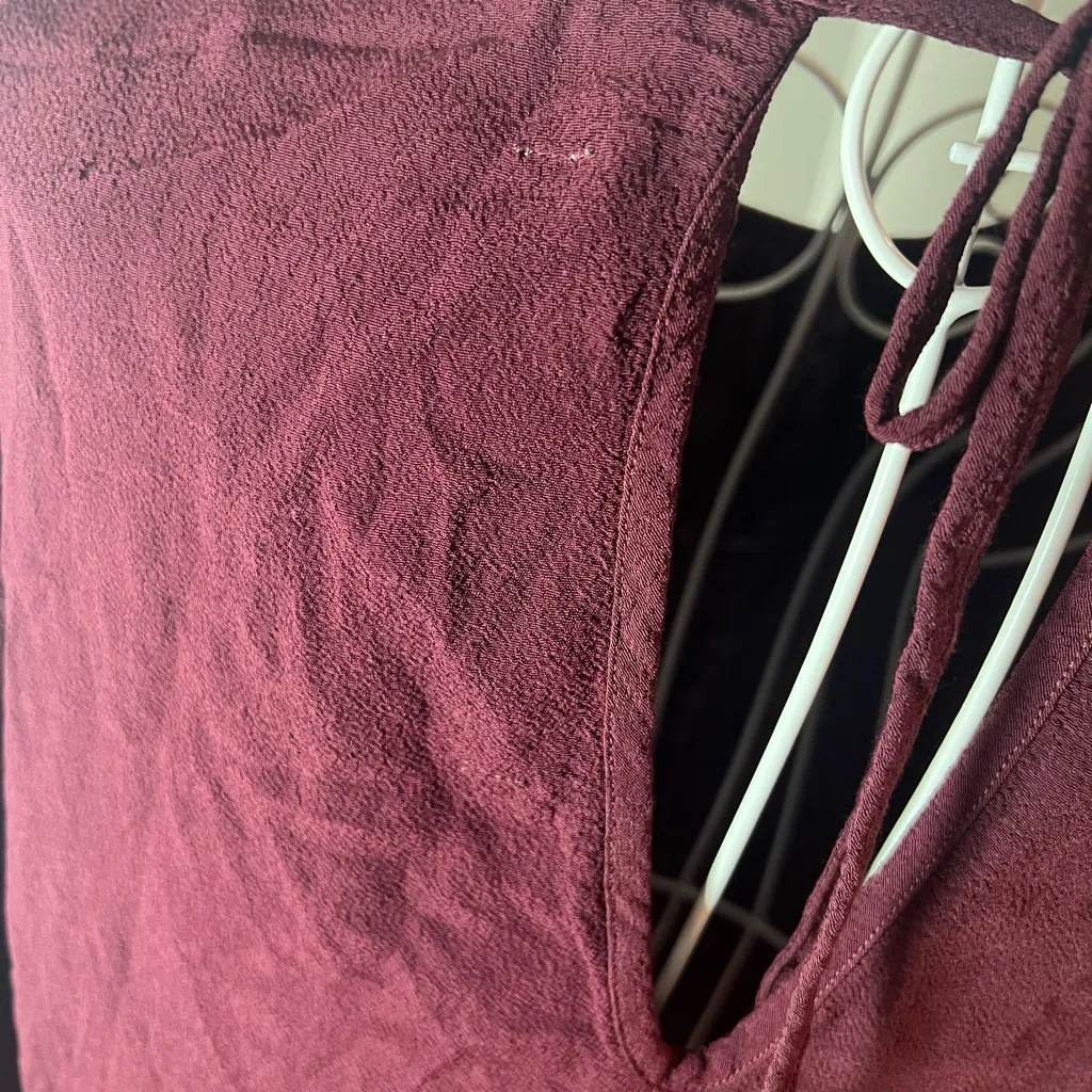 Raquel Allegra Women's 0 Burgundy Long Sleeve Blouse High Gathered Neck Fray Hem Red - Image 3