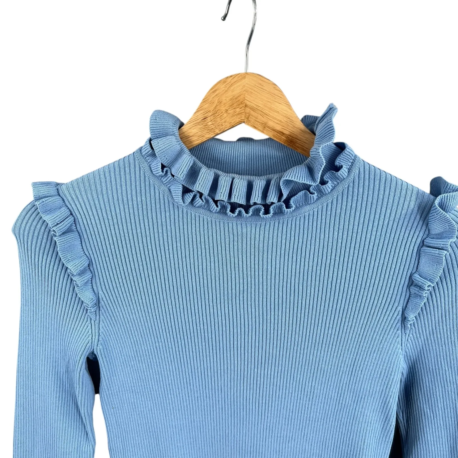 Sandro Paris Blue Ribbed Mock Neck Ruffle Long Sleeve Knit Top Size 1 / S - Image 2