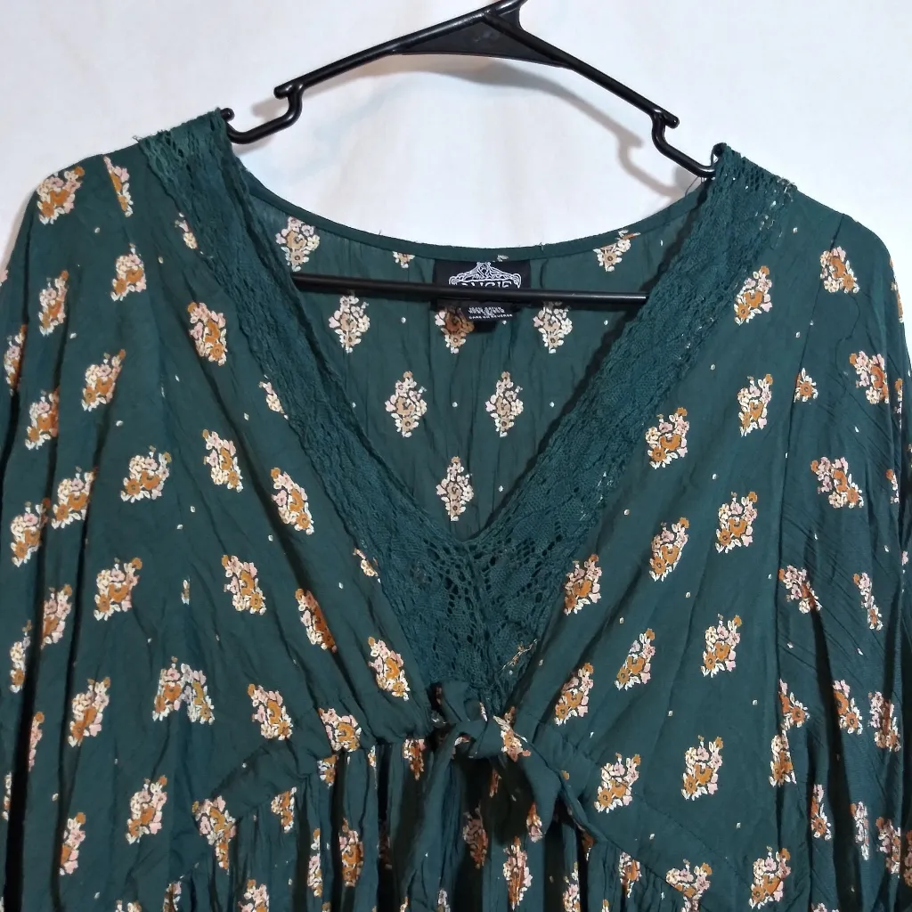 Angie Teal and Beige Patterned Bell Sleeve Boho Mini Dress Size Small - Image 2