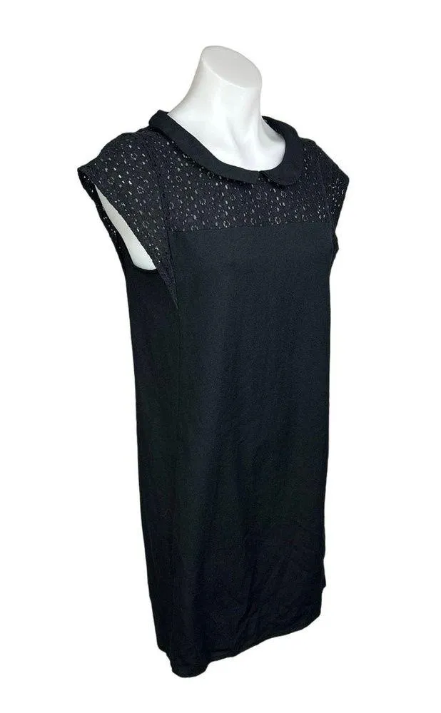 Monoprix Femme Black Cap Sleeve Floral Lace Eyelet Collared Mini Shift Dress 8 - Image 2