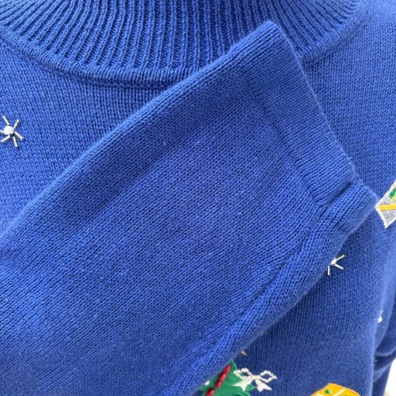 VTG Ugly Christmas Sweater Lg Blue Tree Presents Oversized Ramie Holiday Granny - Image 10