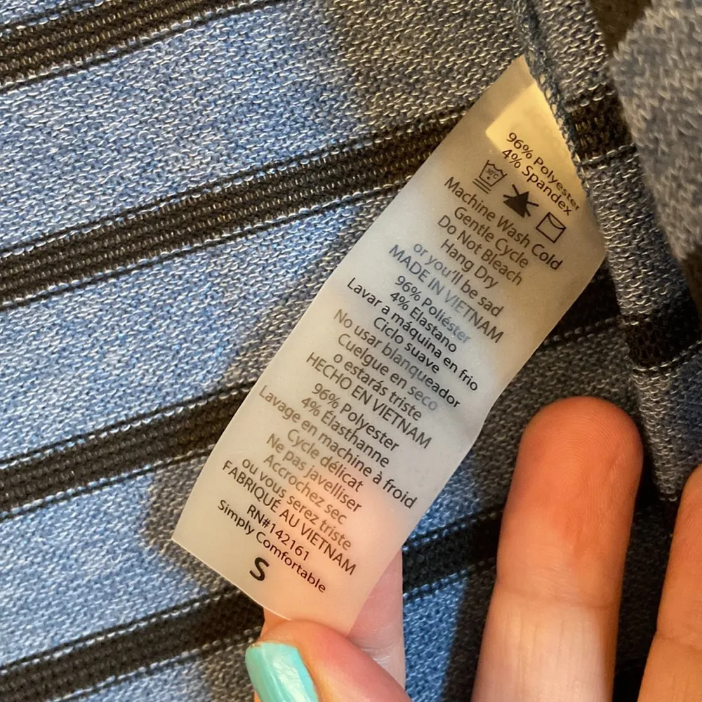 LULAROE JOY Size S Long Duster Vest Cardigan Sweater Denim Blue Black Striped - Image 9